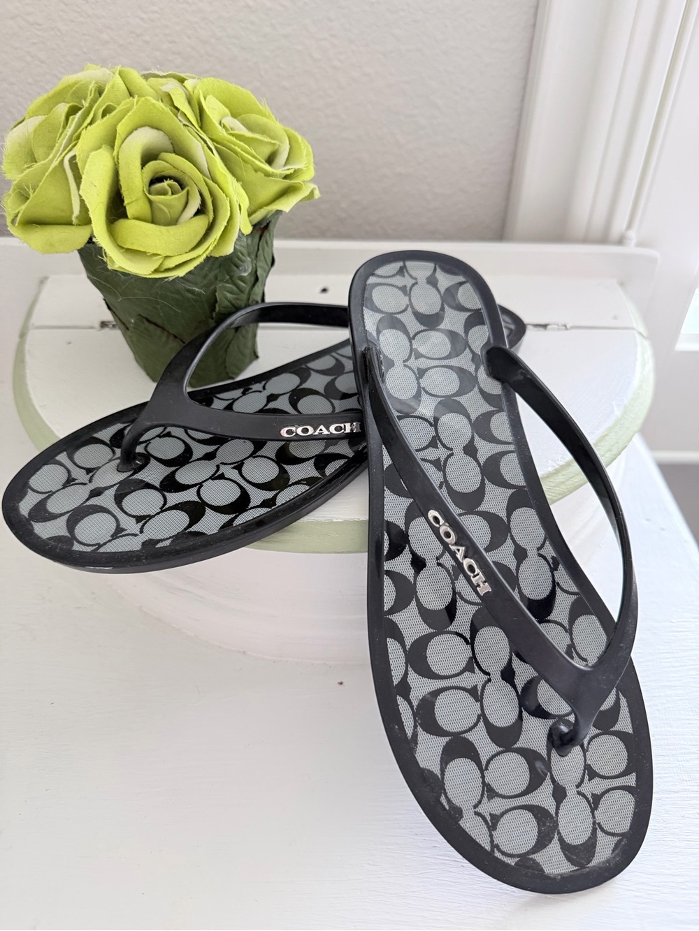 Coach Black Signature Pattern Flip Sandals for Women